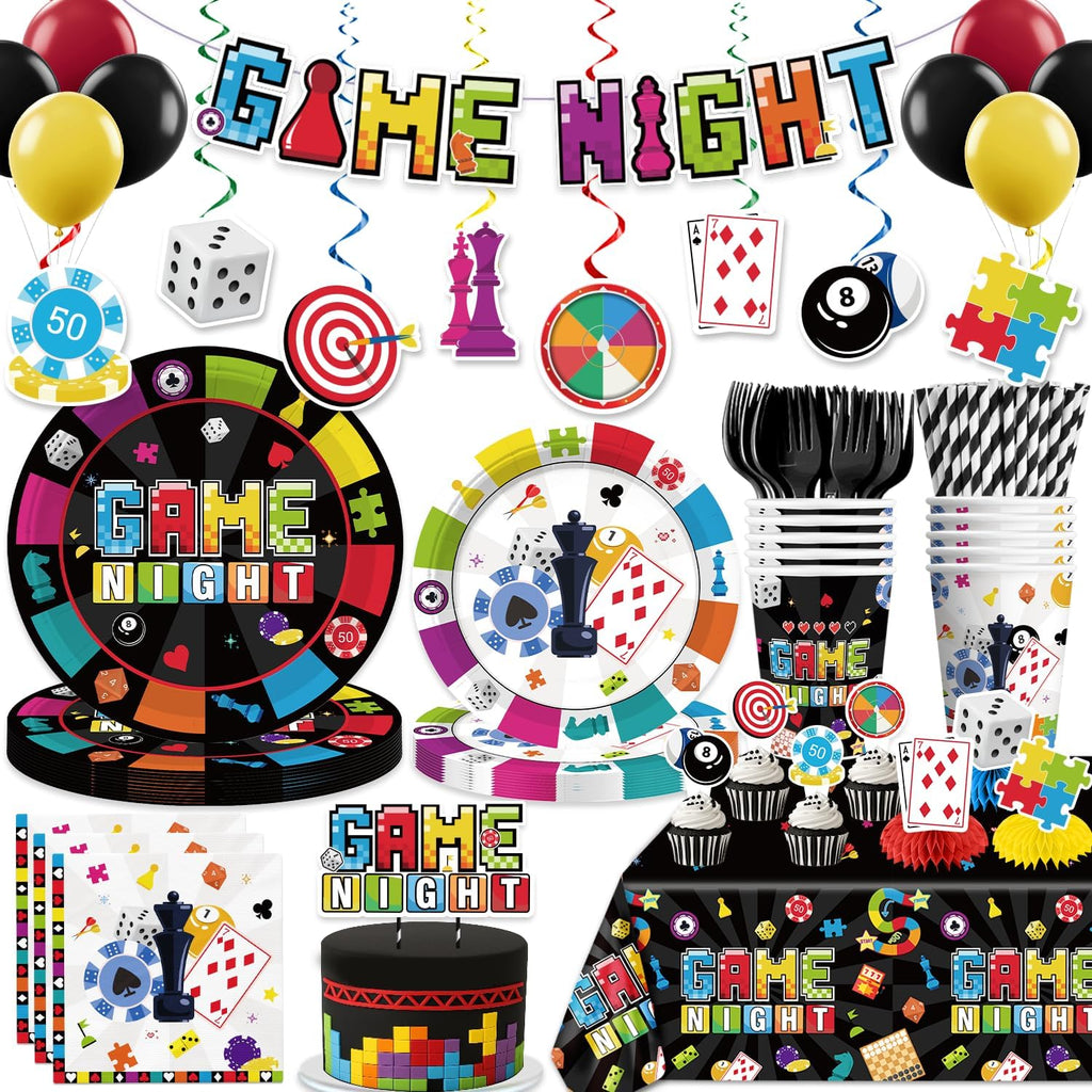 Xynic 205Pcs Game Night Decorations & Disposable Tableware — 25 Serves, Banner, Plates, Cups
