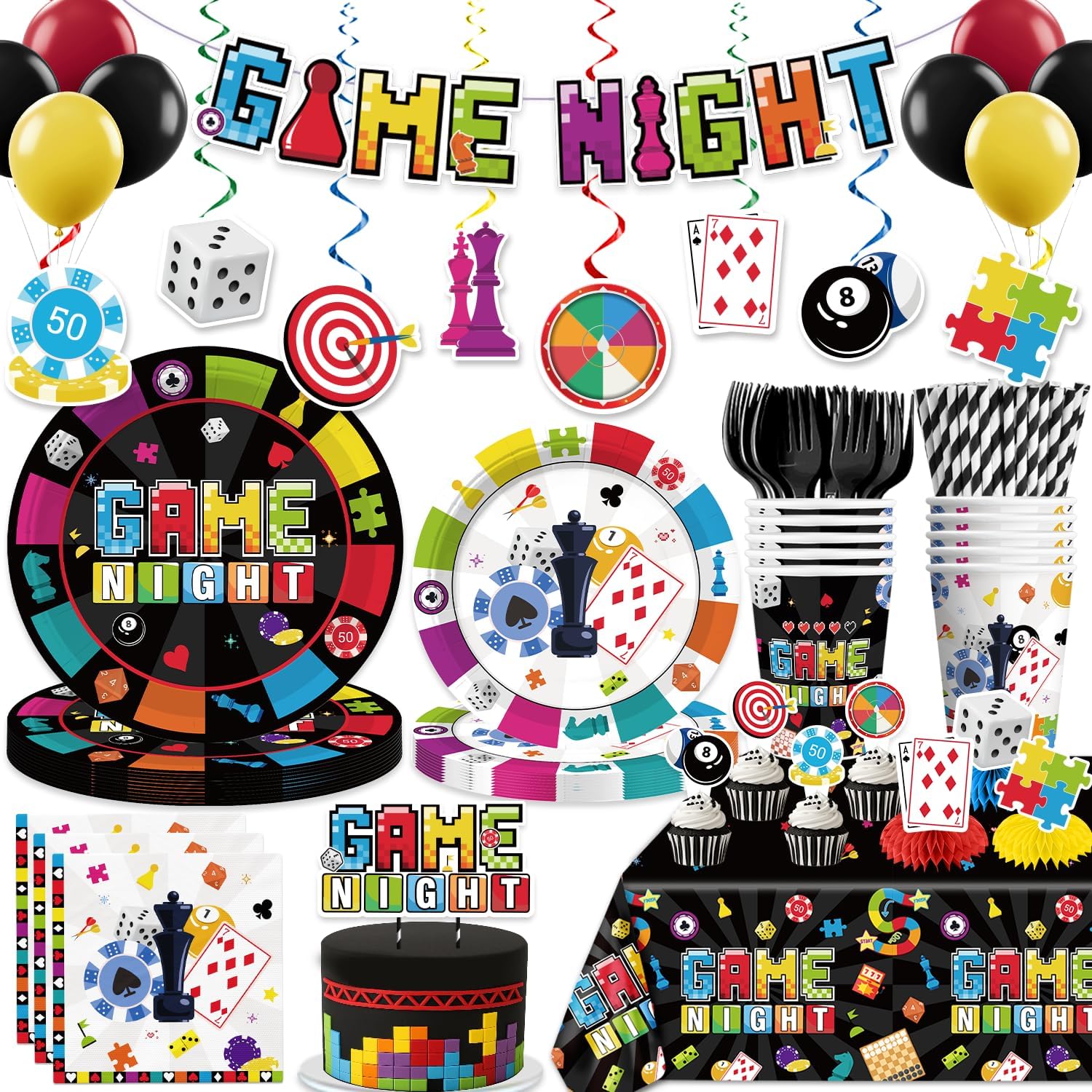Xynic 205Pcs Game Night Decorations & Disposable Tableware — 25 Serves, Banner, Plates, Cups