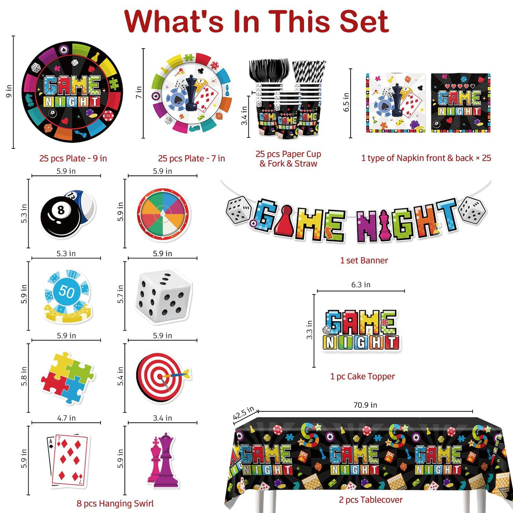 Xynic 205Pcs Game Night Decorations & Disposable Tableware — 25 Serves, Banner, Plates, Cups
