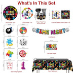 Xynic 205Pcs Game Night Decorations & Disposable Tableware — 25 Serves, Banner, Plates, Cups