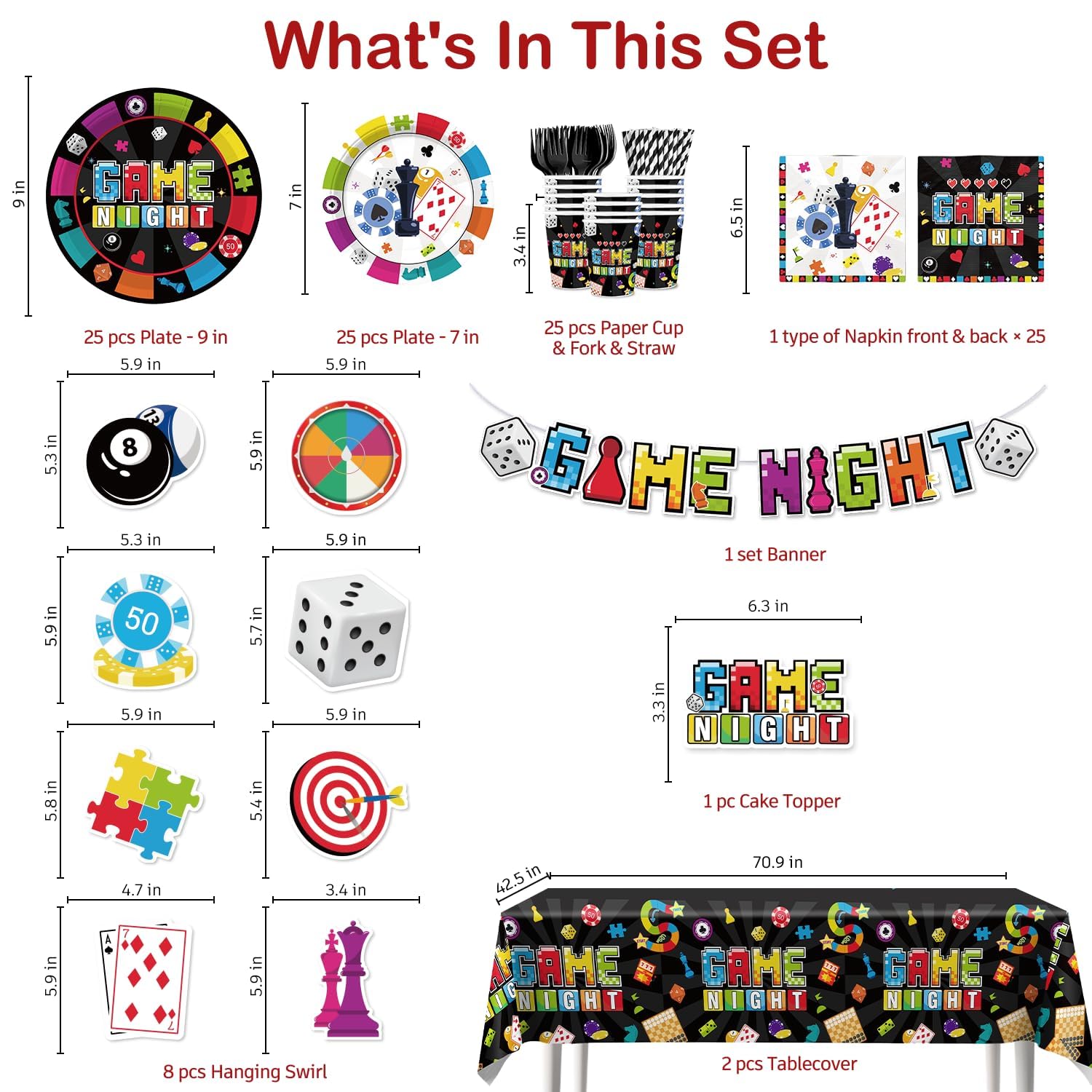 Xynic 205Pcs Game Night Decorations & Disposable Tableware — 25 Serves, Banner, Plates, Cups