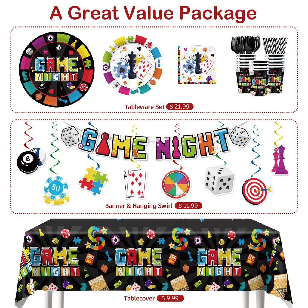 Xynic 205Pcs Game Night Decorations & Disposable Tableware — 25 Serves, Banner, Plates, Cups