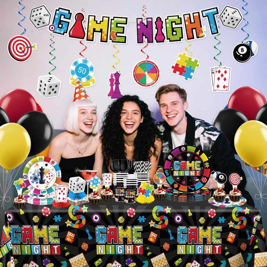 Xynic 205Pcs Game Night Decorations & Disposable Tableware — 25 Serves, Banner, Plates, Cups