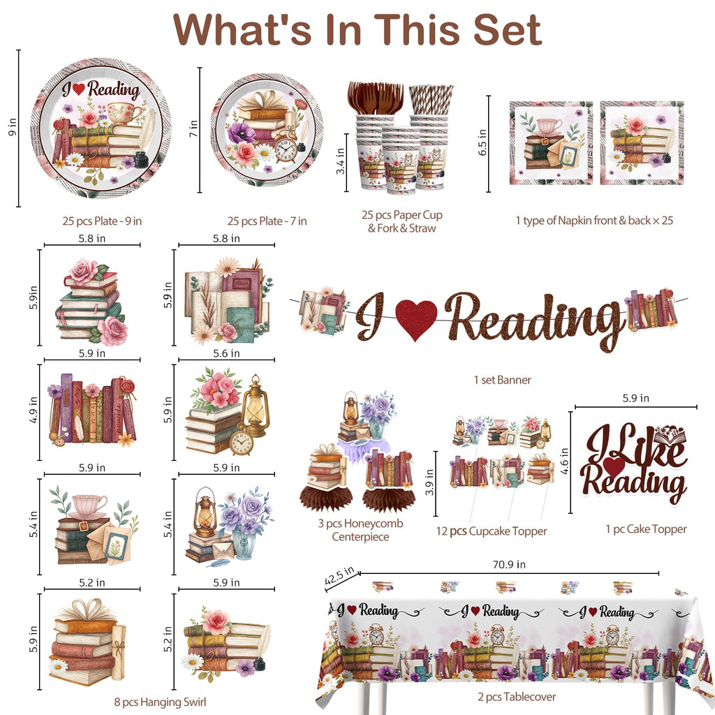 Xynic 177pc Book Themed Party Set – Tableware & Decor for 25 Guests (I Like Reading)