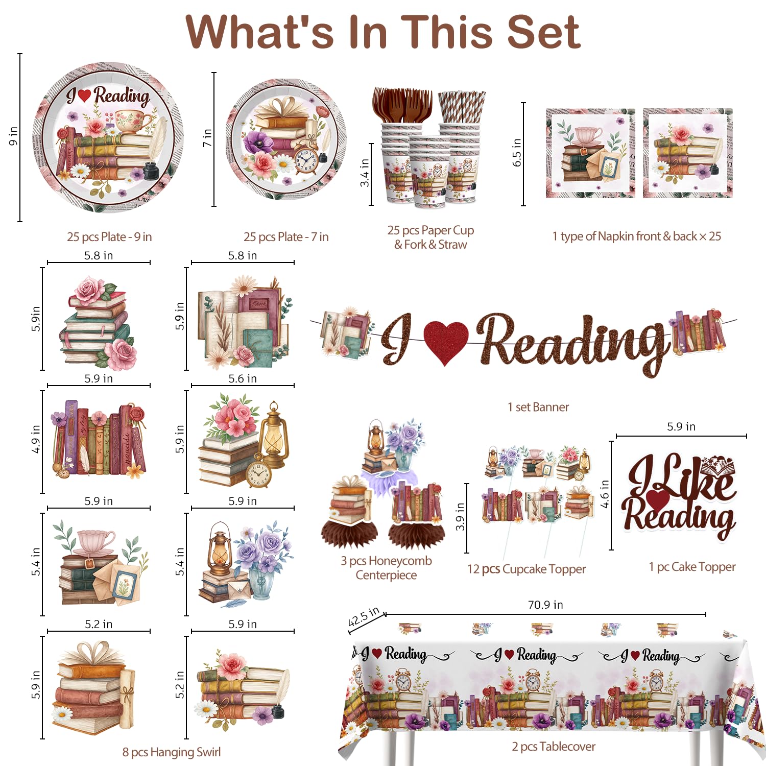 Xynic 177pc Book Themed Party Set – Tableware & Decor for 25 Guests (I Like Reading)