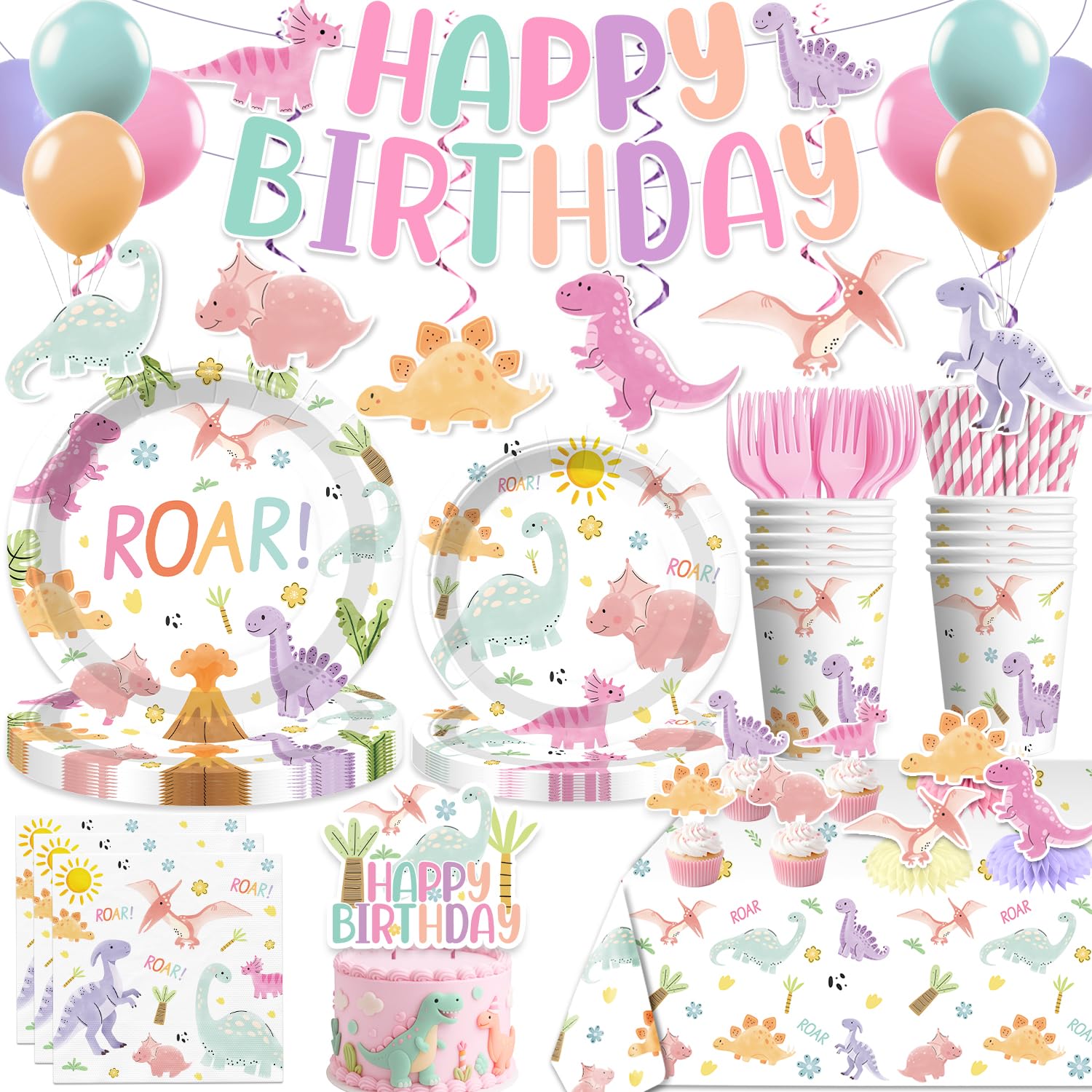 Xynic Pastel Dinosaur Birthday Party Supplies — 201 Pcs Pink Watercolor Girl Dino Theme