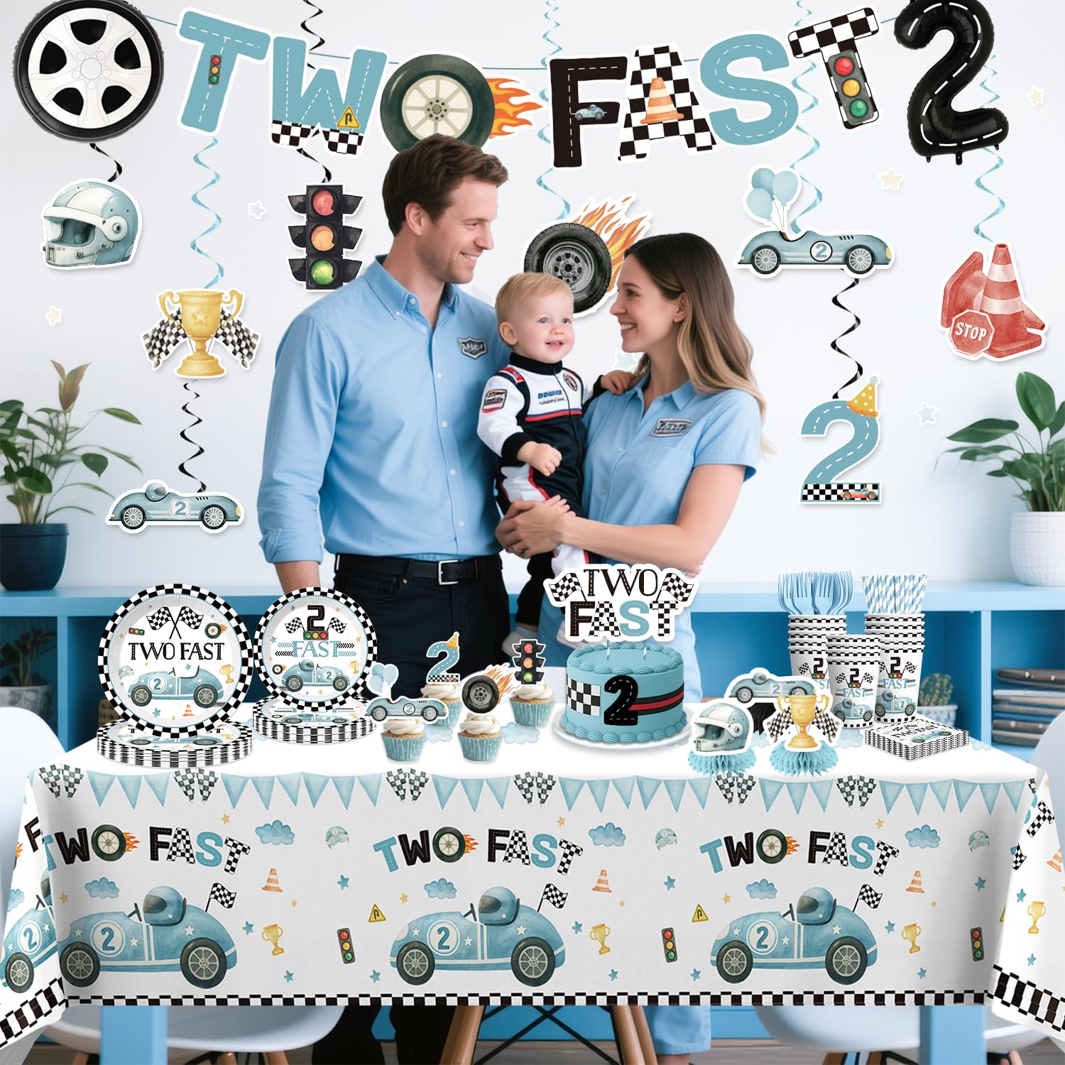 Xynic 187Pcs Two Fast Birthday Decor Set for 25 Guests | Banner, Plates, Tablecloth & Balloons