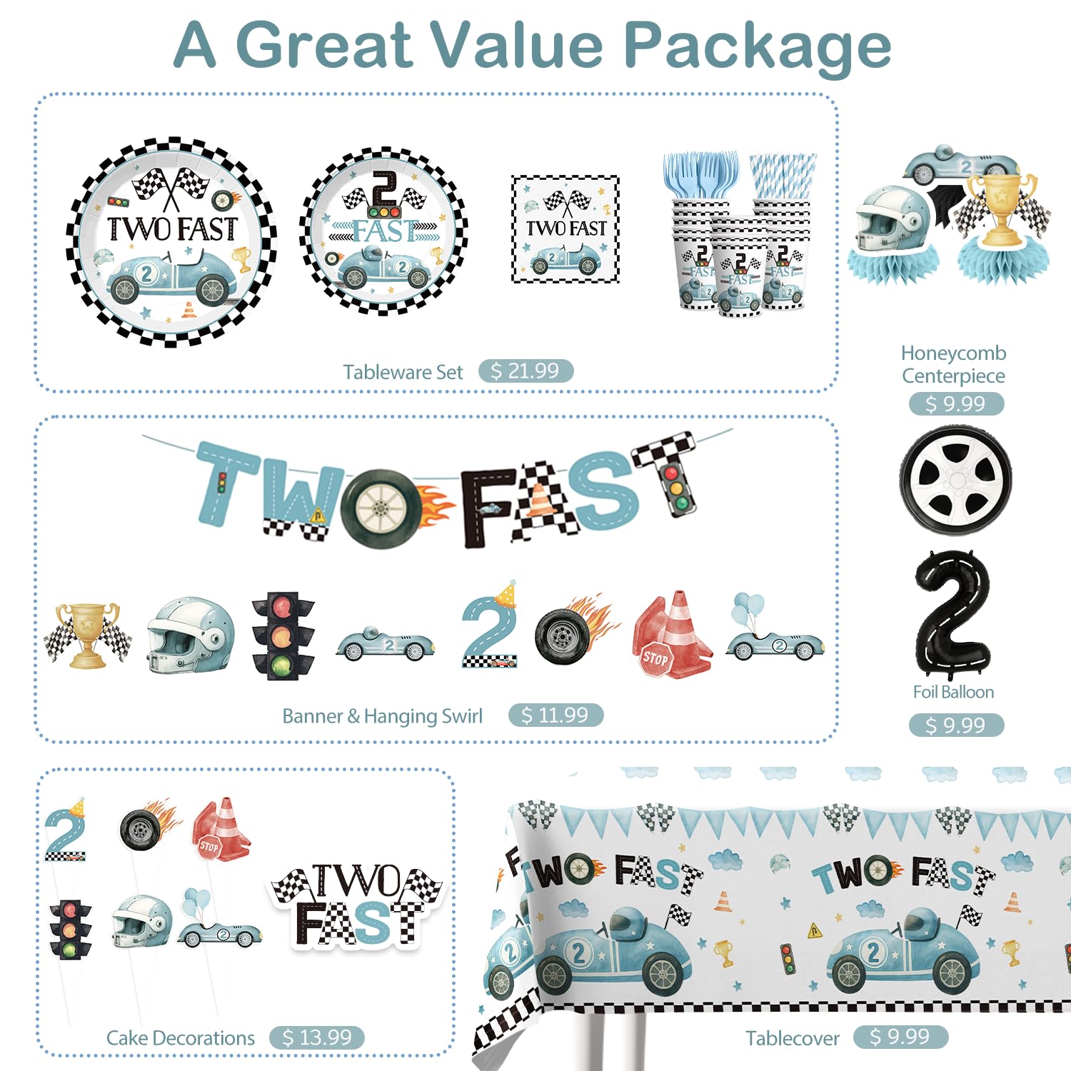 Xynic 187Pcs Two Fast Birthday Decor Set for 25 Guests | Banner, Plates, Tablecloth & Balloons