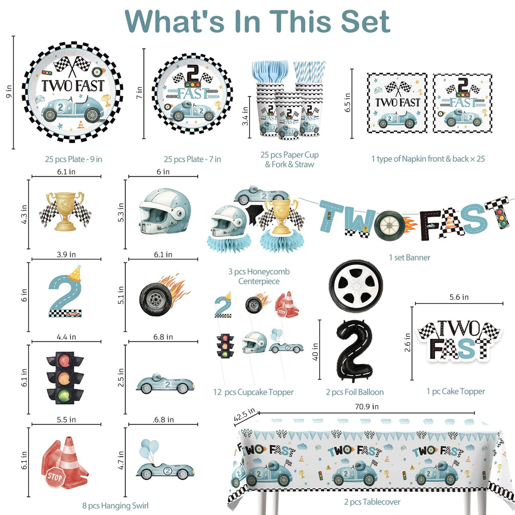 Xynic 187Pcs Two Fast Birthday Decor Set for 25 Guests | Banner, Plates, Tablecloth & Balloons