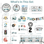 Xynic 187Pcs Two Fast Birthday Decor Set for 25 Guests | Banner, Plates, Tablecloth & Balloons