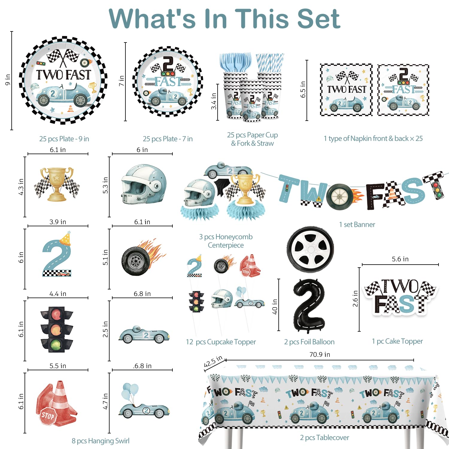 Xynic 187Pcs Two Fast Birthday Decor Set for 25 Guests | Banner, Plates, Tablecloth & Balloons