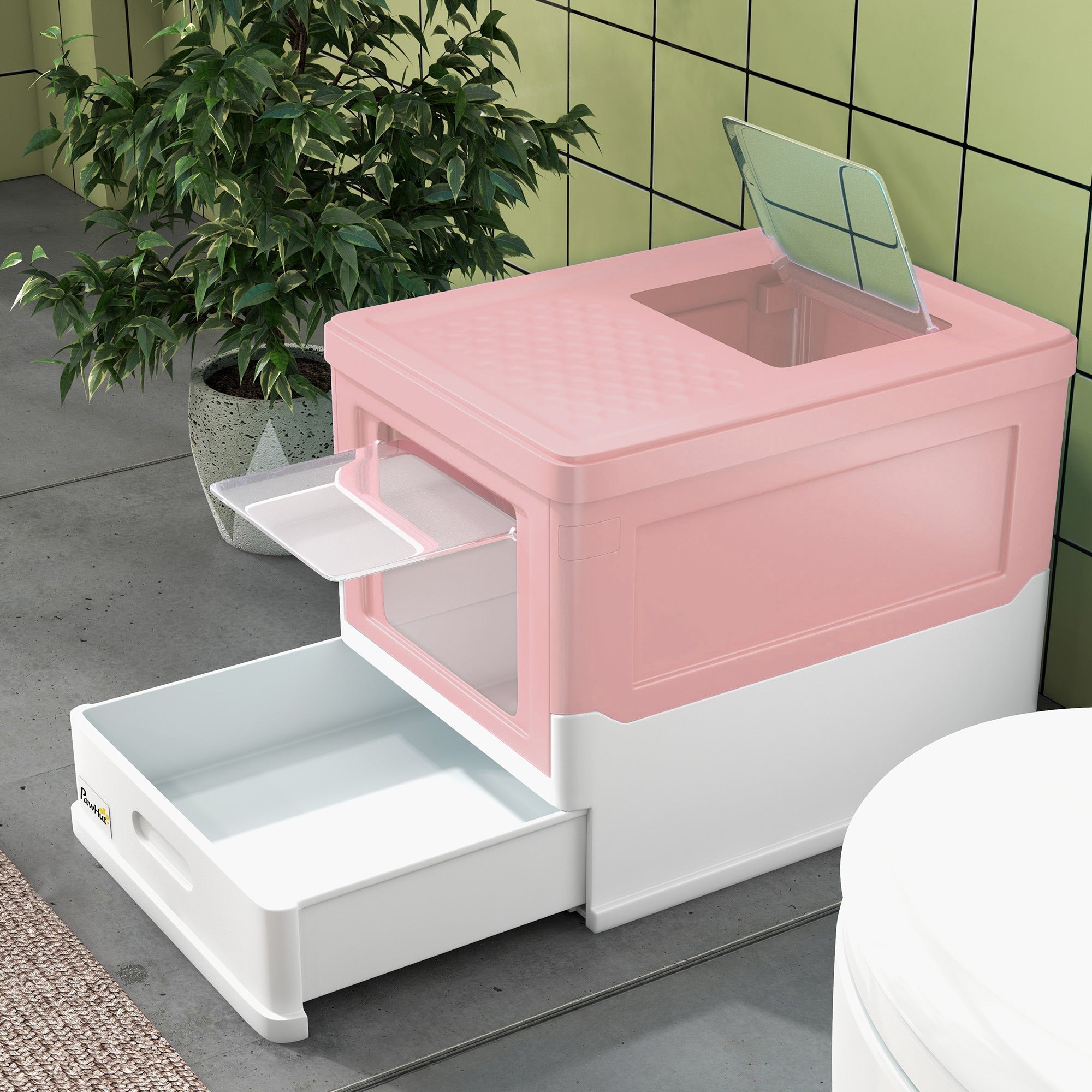 PawHut Hooded Cat Litter Box, Portable Pet Toilet, with Scoop, Front Entry - Pink