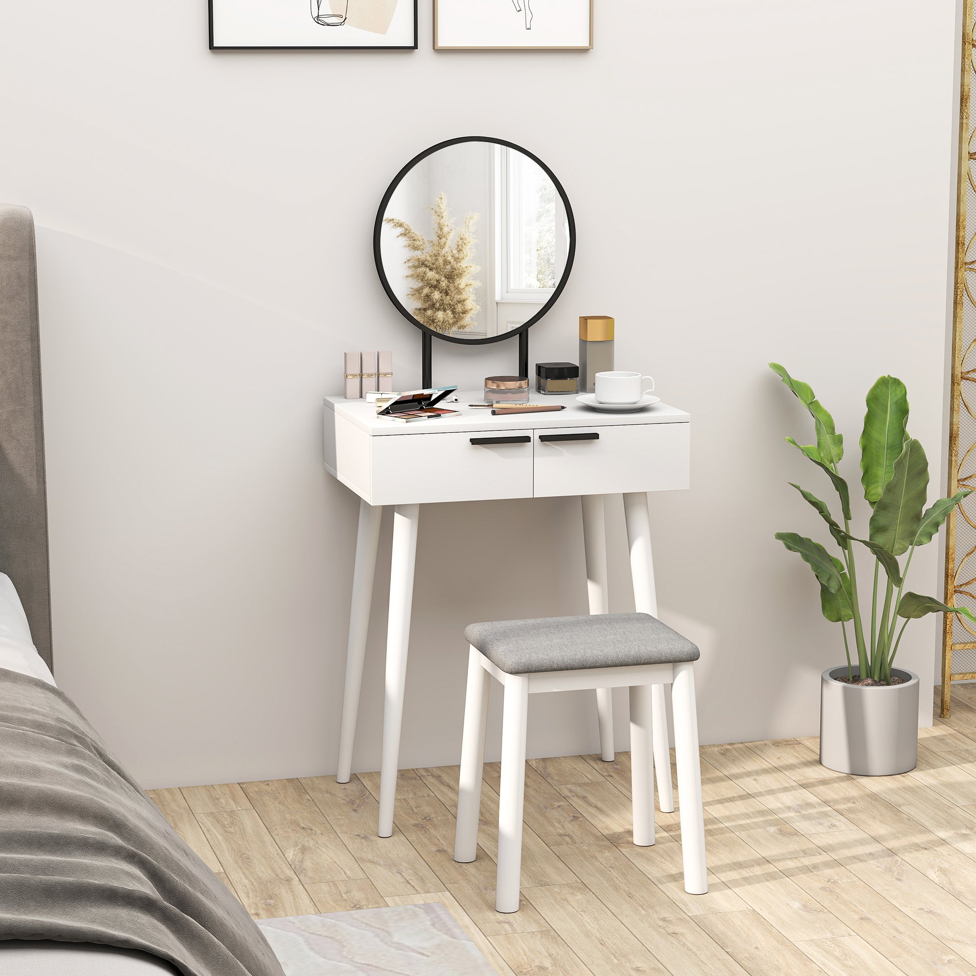HOMCOM Dressing Table with Mirror and Stool, Vanity Makeup Desk Set with 2 Drawers, Cushioned Stool and Make-up Organiser for Bedroom and Dressing Room, 60 x 40 x 123 cm, White