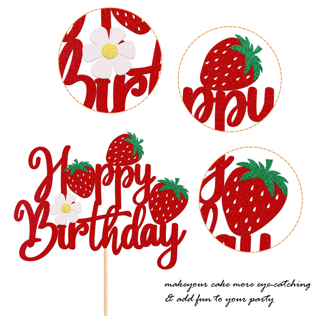 YCTHUNFISH 1 Pack Happy Birthday Cake Topper – Glitter Strawberry Theme