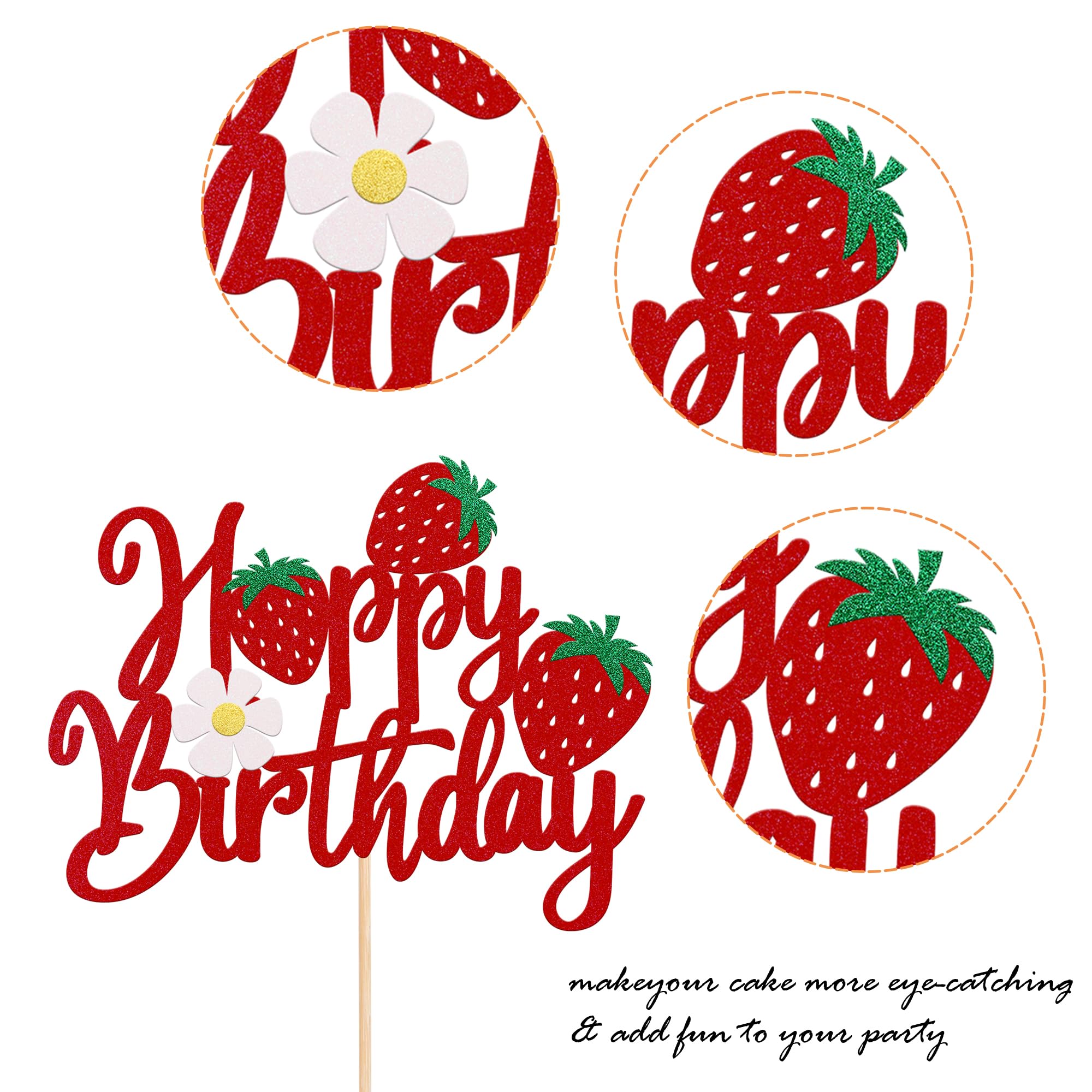 YCTHUNFISH 1 Pack Happy Birthday Cake Topper – Glitter Strawberry Theme