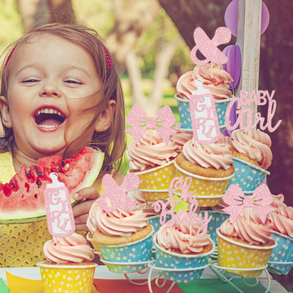 YCTHUNFISH 24 Pack It's a Girl Cupcake Toppers – Glitter Pink Baby Shower & Gender Reveal Picks