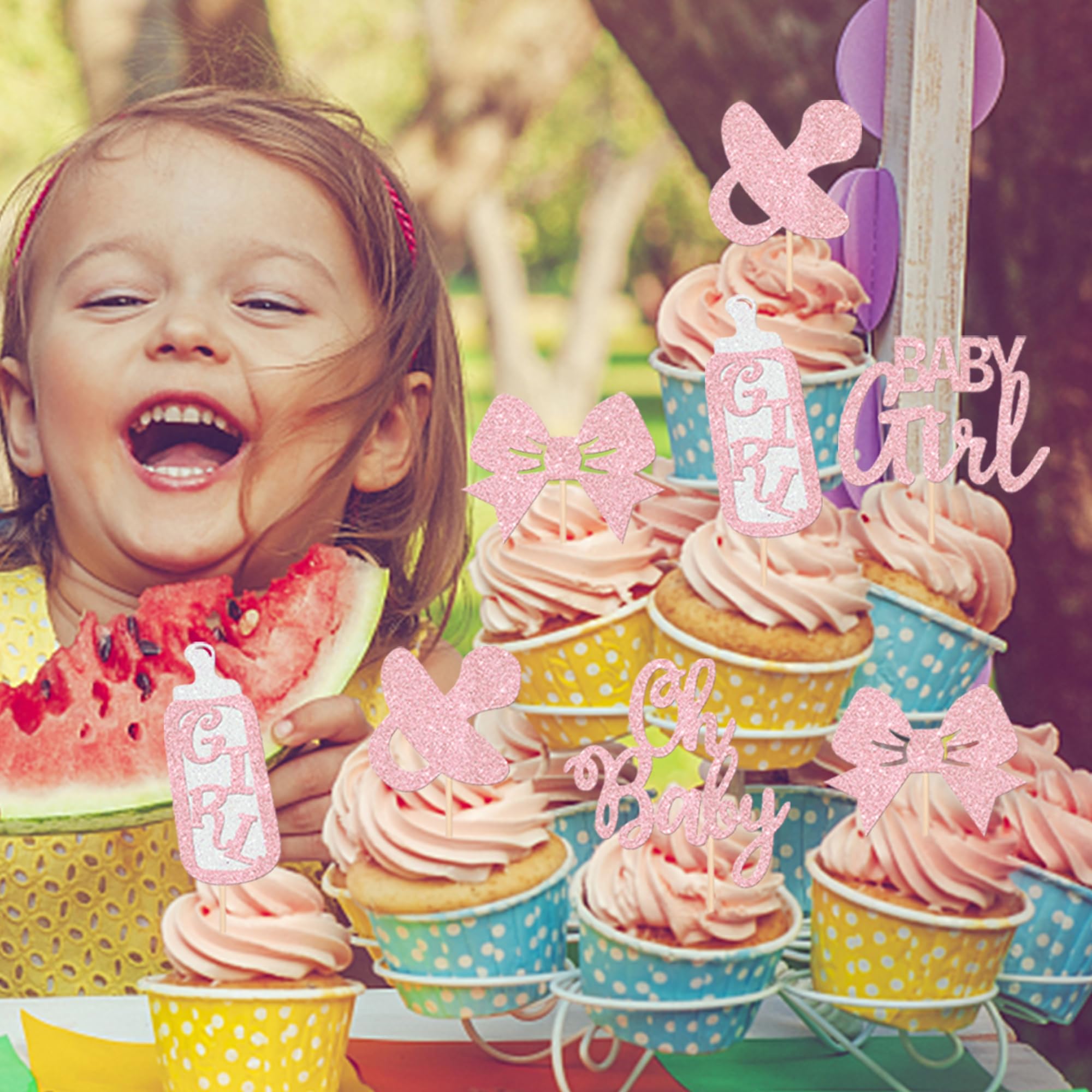 YCTHUNFISH 24 Pack It's a Girl Cupcake Toppers – Glitter Pink Baby Shower & Gender Reveal Picks
