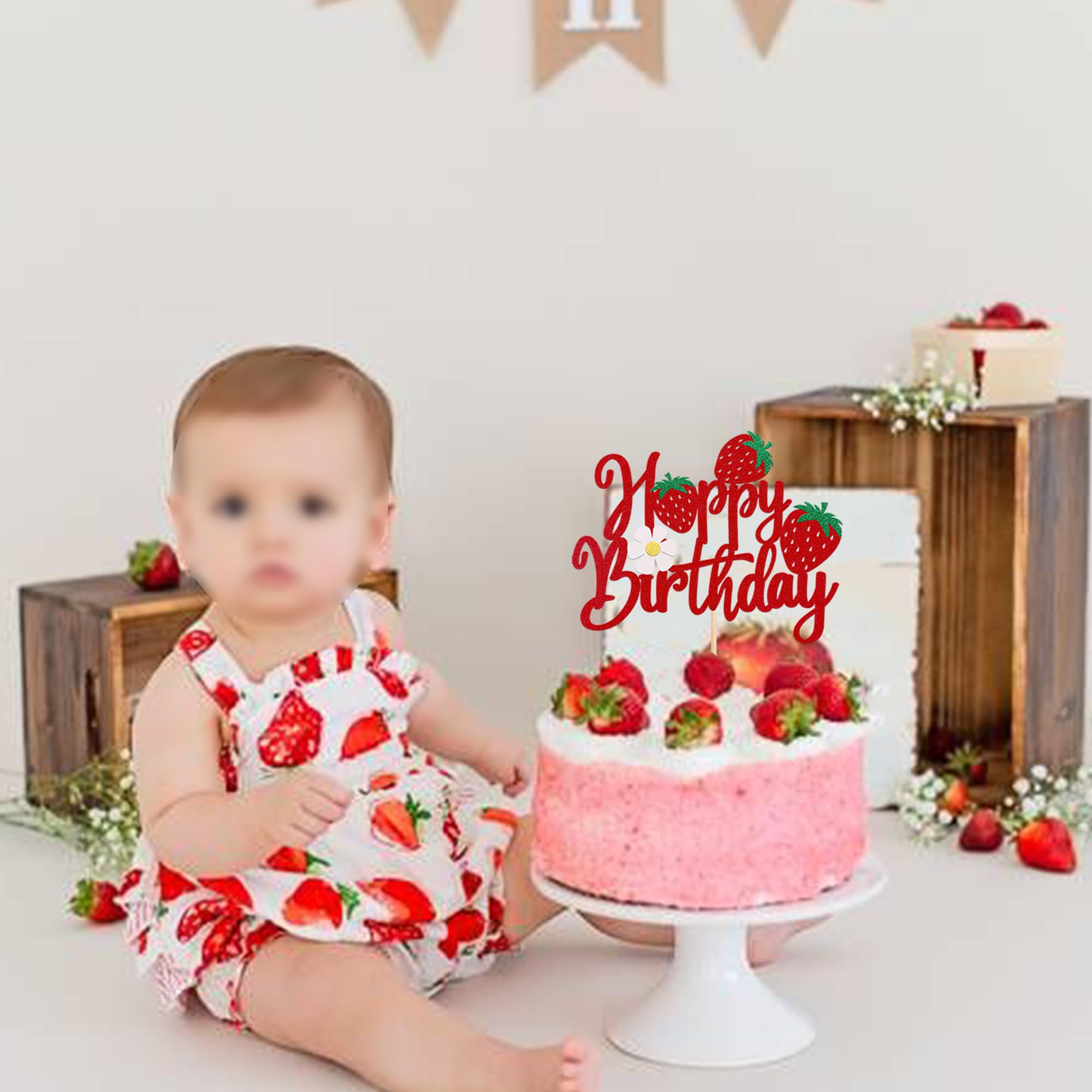 YCTHUNFISH 1 Pack Happy Birthday Cake Topper – Glitter Strawberry Theme