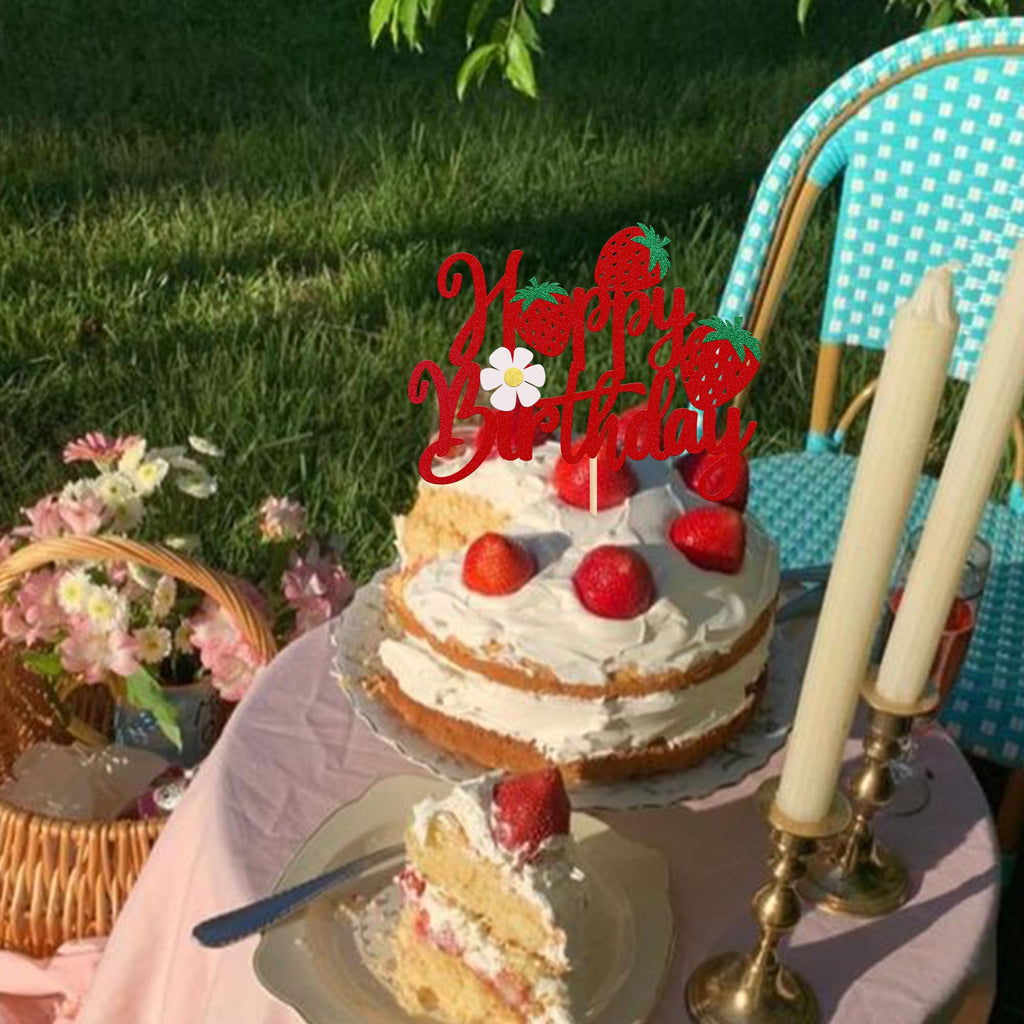 YCTHUNFISH 1 Pack Happy Birthday Cake Topper – Glitter Strawberry Theme