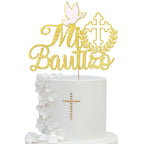 YCTHUNFISH 1 Pack Glitter Cross Cake Topper — Mi Bautizo, First Holy Communion, Baptism, Gold