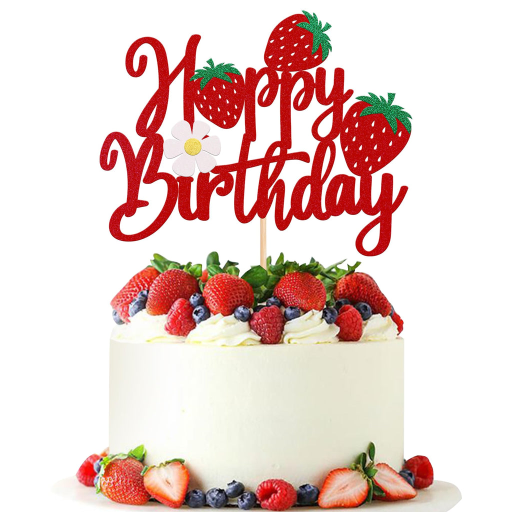 YCTHUNFISH 1 Pack Happy Birthday Cake Topper – Glitter Strawberry Theme
