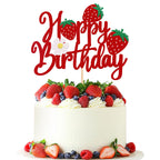 YCTHUNFISH 1 Pack Happy Birthday Cake Topper – Glitter Strawberry Theme