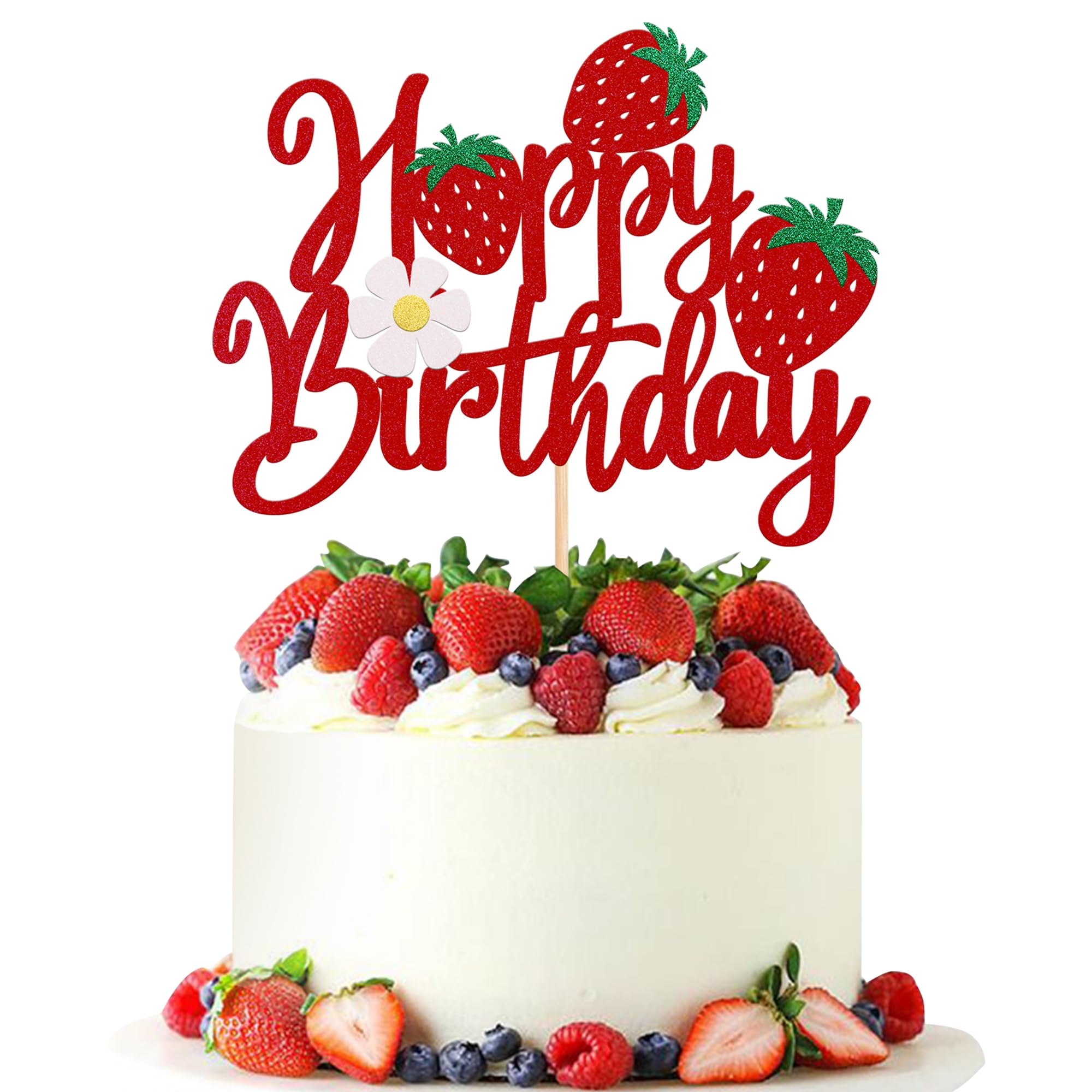 YCTHUNFISH 1 Pack Happy Birthday Cake Topper – Glitter Strawberry Theme