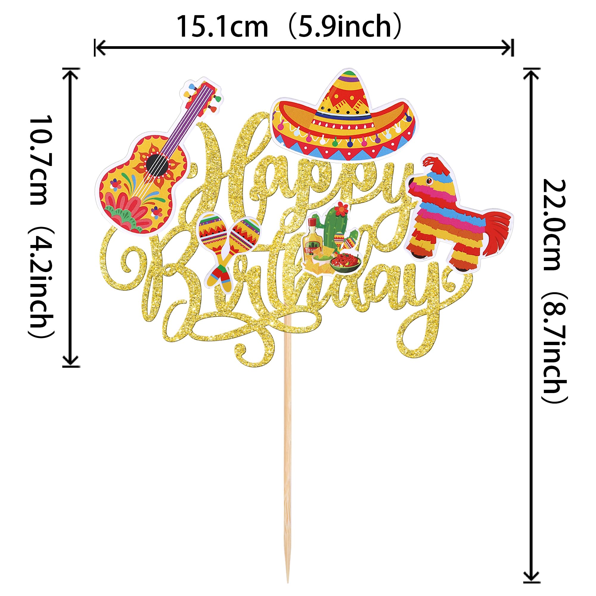 YCTHUNFISH 1 Pack Happy Birthday Fiesta Cake Topper – Gold Glitter