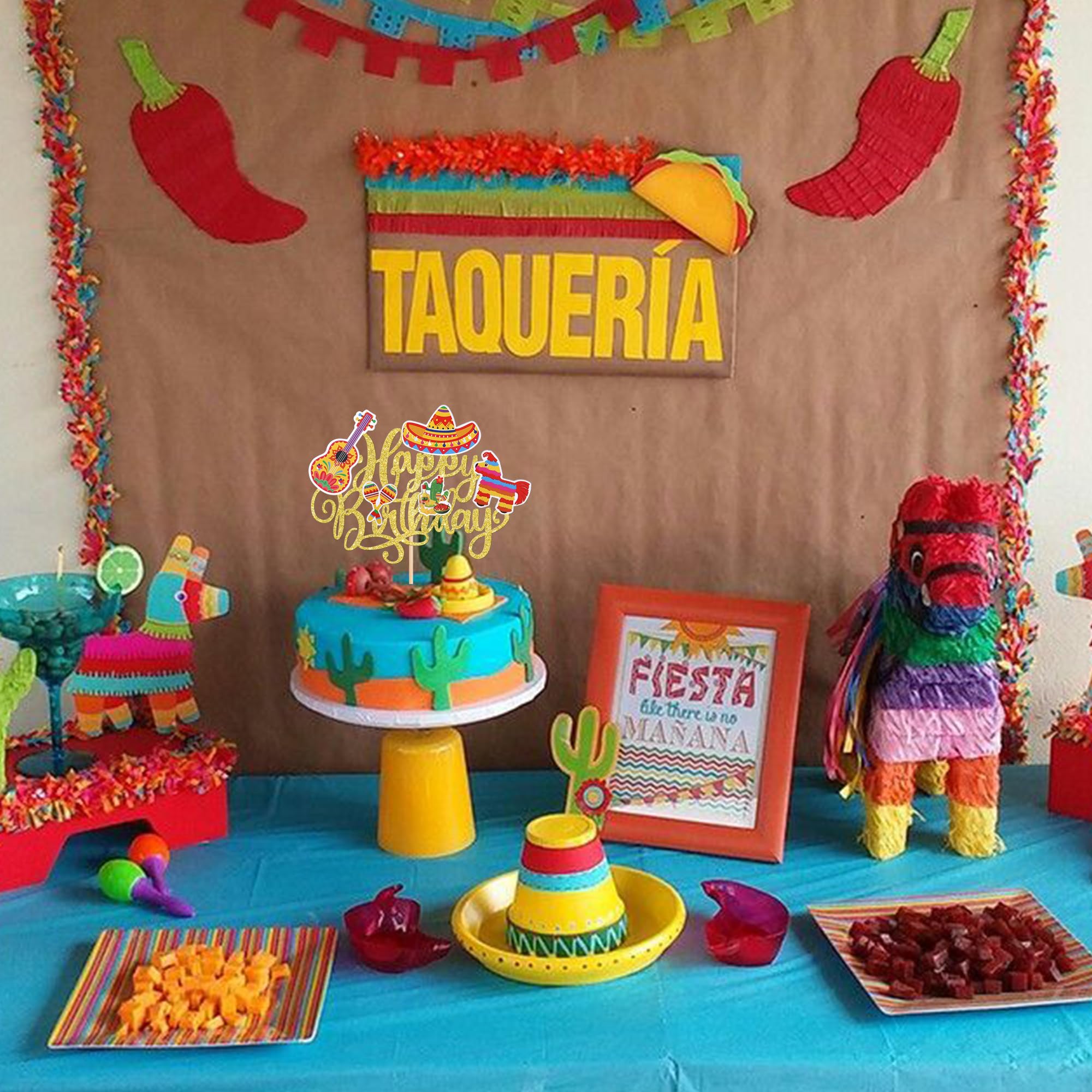 YCTHUNFISH 1 Pack Happy Birthday Fiesta Cake Topper – Gold Glitter