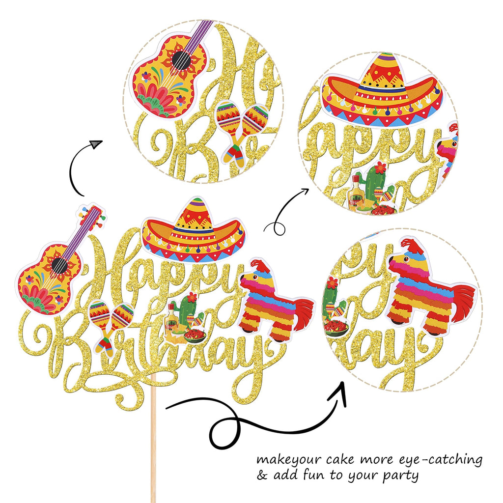 YCTHUNFISH 1 Pack Happy Birthday Fiesta Cake Topper – Gold Glitter