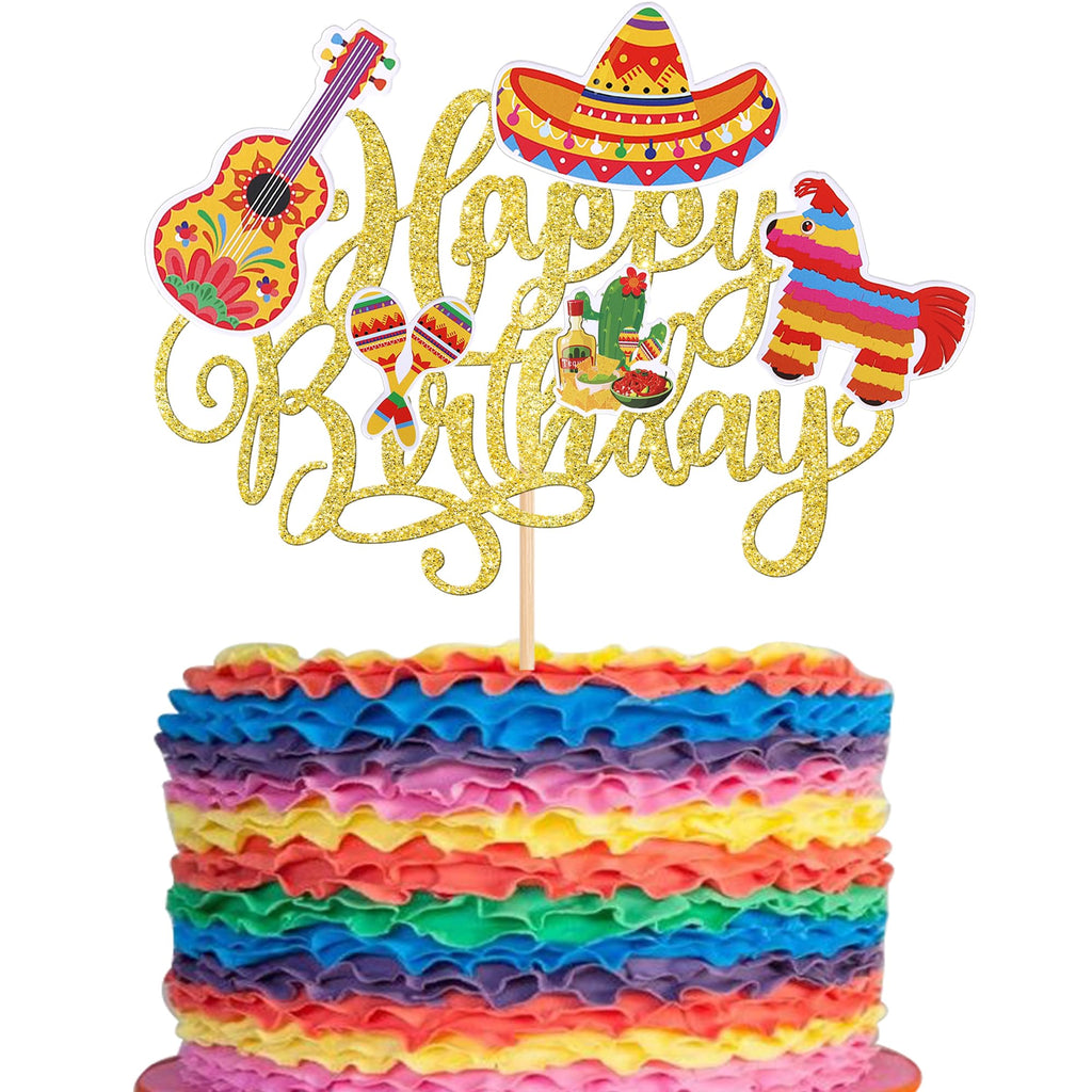 YCTHUNFISH 1 Pack Happy Birthday Fiesta Cake Topper – Gold Glitter