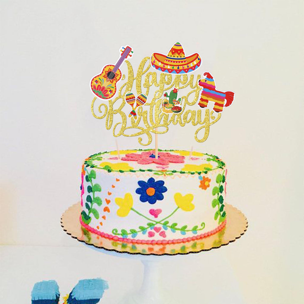 YCTHUNFISH 1 Pack Happy Birthday Fiesta Cake Topper – Gold Glitter