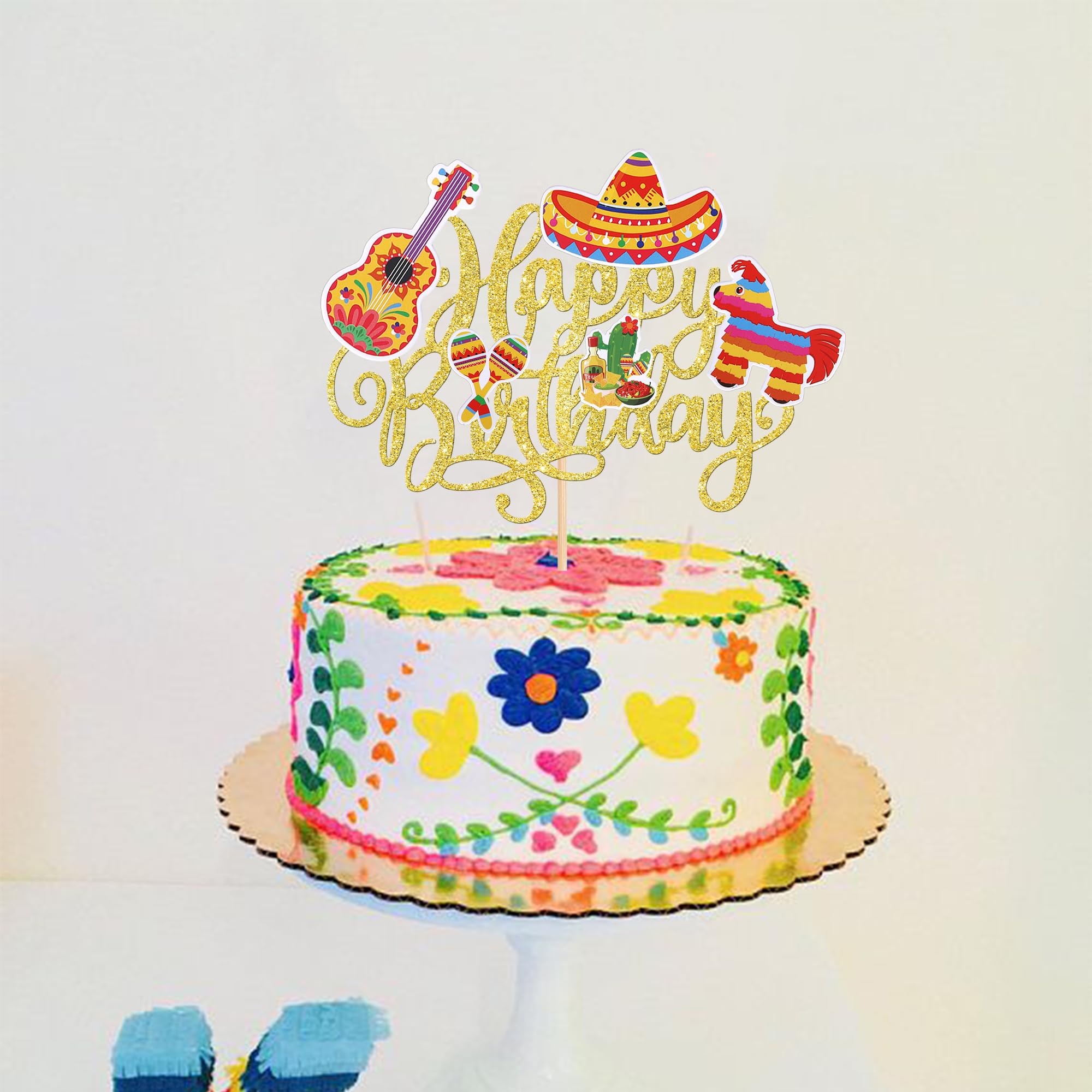 YCTHUNFISH 1 Pack Happy Birthday Fiesta Cake Topper – Gold Glitter