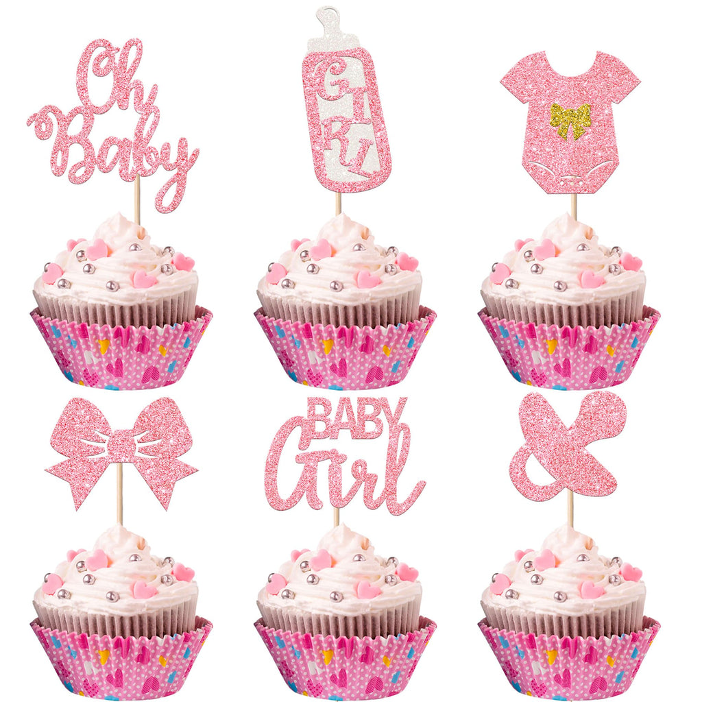 YCTHUNFISH 24 Pack It's a Girl Cupcake Toppers – Glitter Pink Baby Shower & Gender Reveal Picks