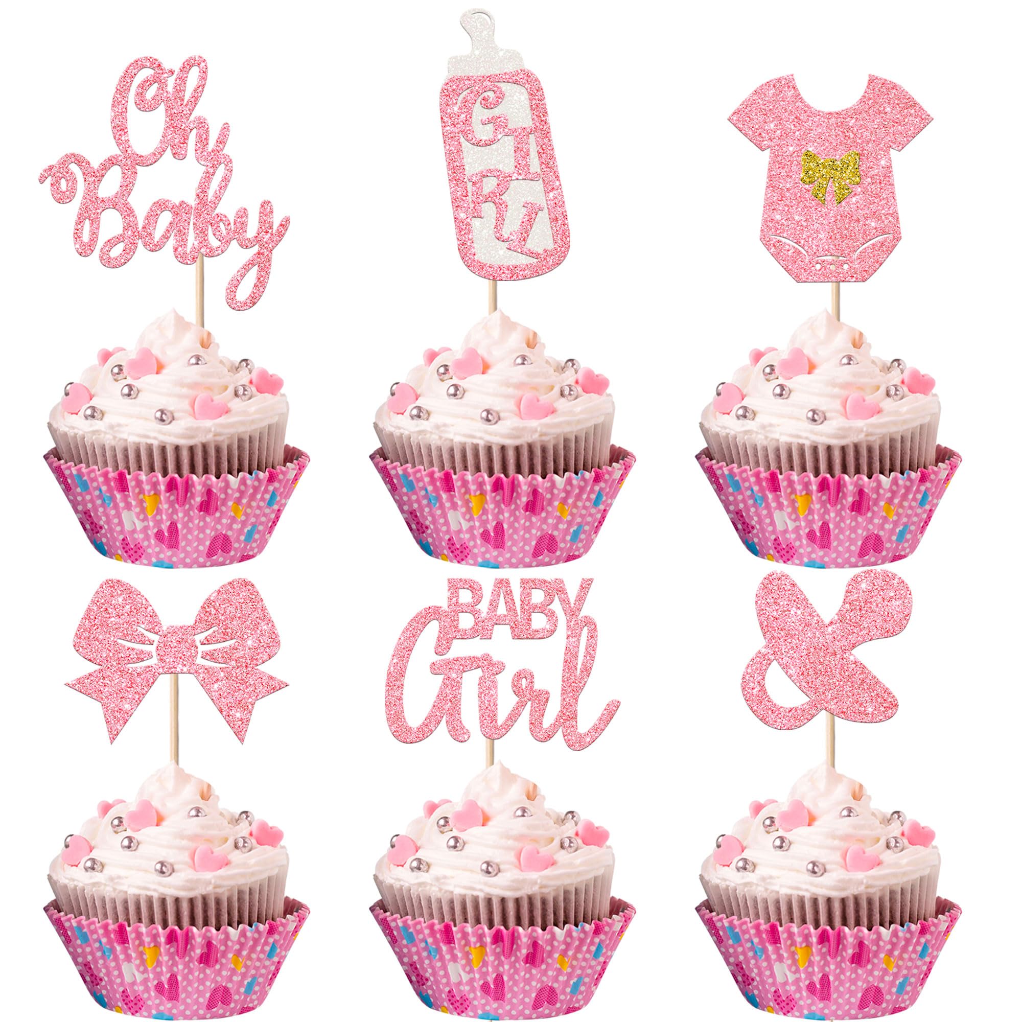 YCTHUNFISH 24 Pack It's a Girl Cupcake Toppers – Glitter Pink Baby Shower & Gender Reveal Picks