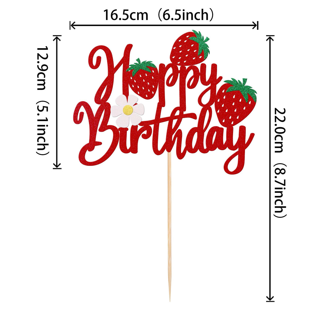 YCTHUNFISH 1 Pack Happy Birthday Cake Topper – Glitter Strawberry Theme