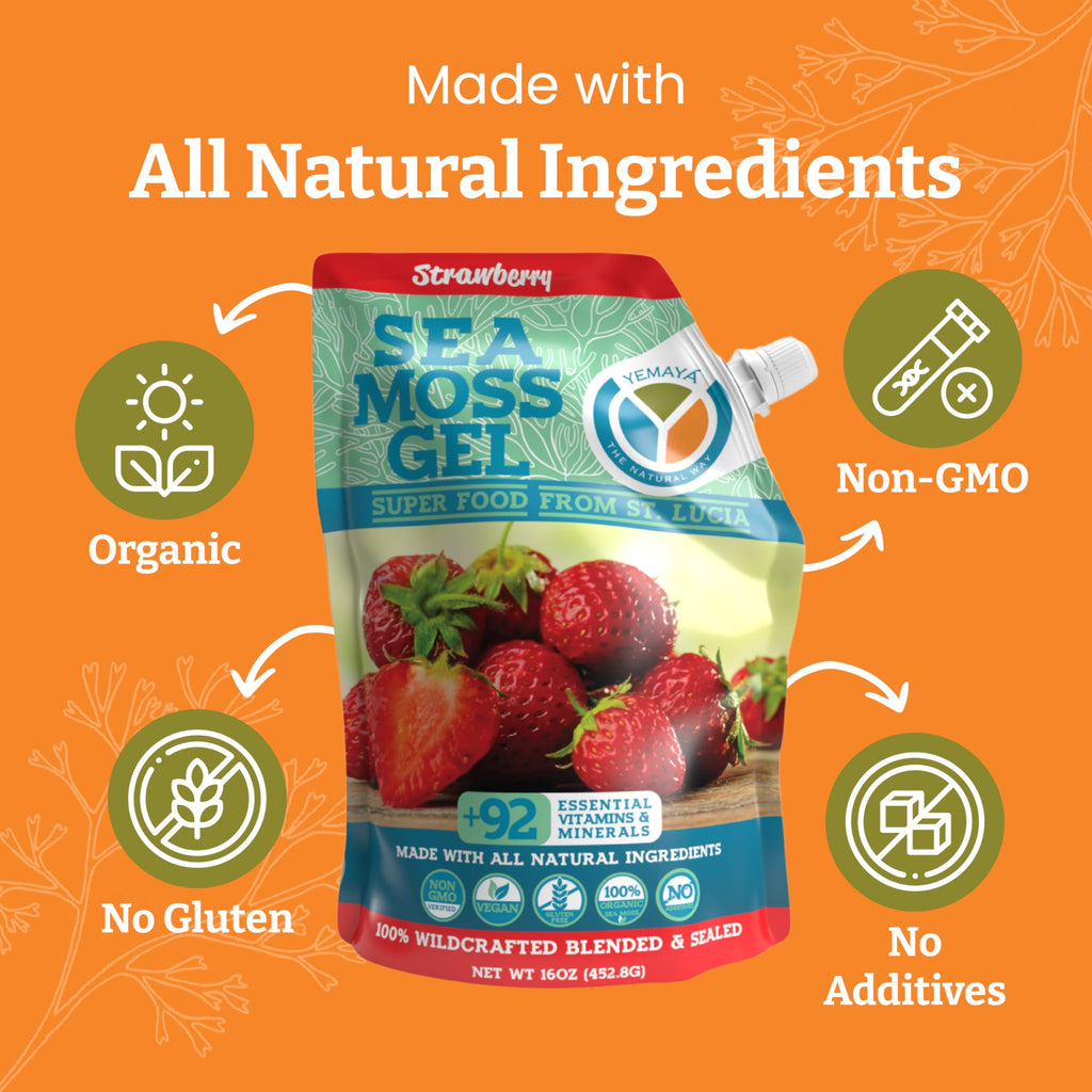 Yemayá Bio-Meeresmoos-Gel – Wildgesammeltes rohes Seemoos, Erdbeere, 450 g
