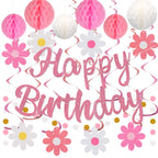 YEOCU NO DIY Birthday Decorations – Pre-Strung Banner, Honeycomb Balls, Swirls & Garland (Pink)