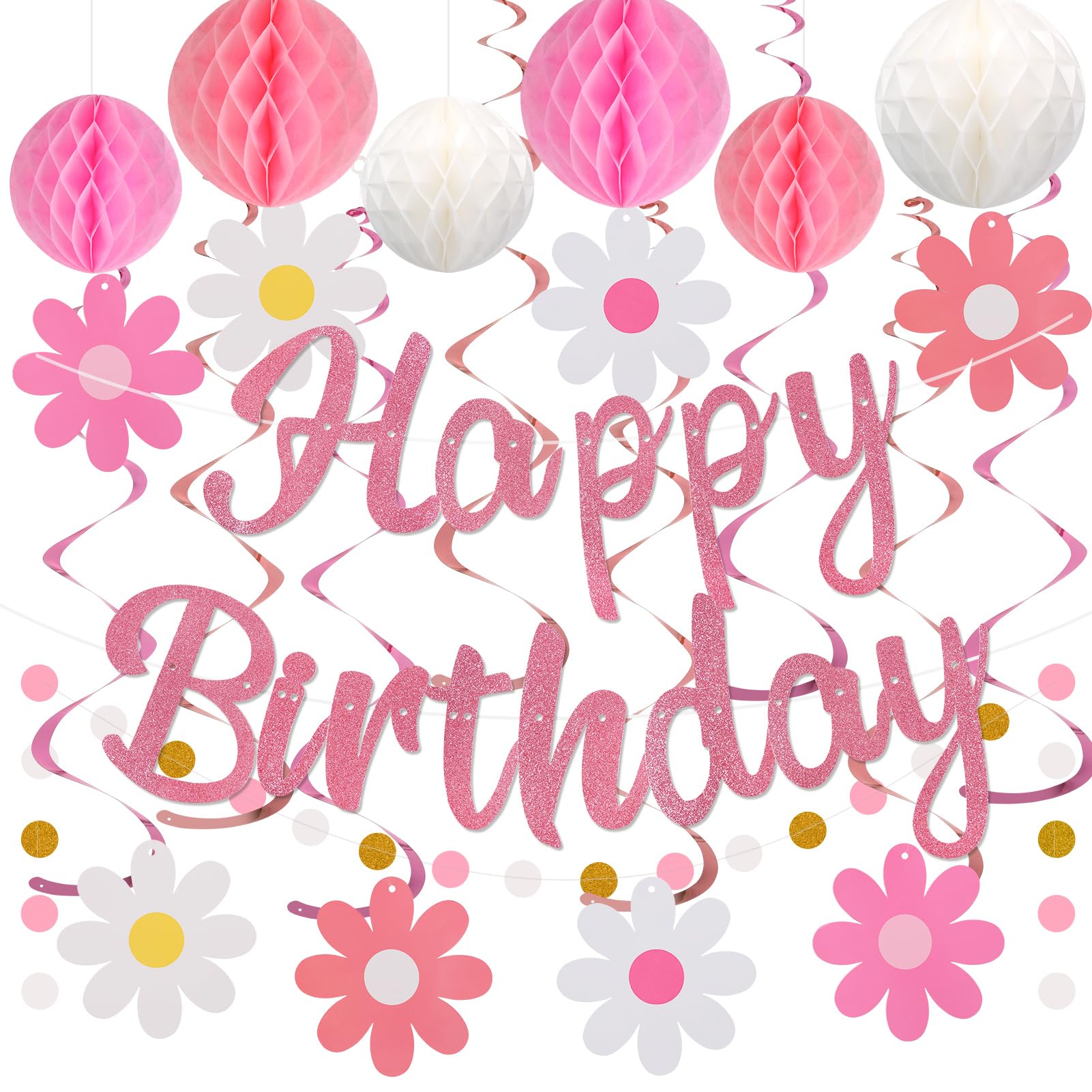 YEOCU NO DIY Birthday Decorations – Pre-Strung Banner, Honeycomb Balls, Swirls & Garland (Pink)