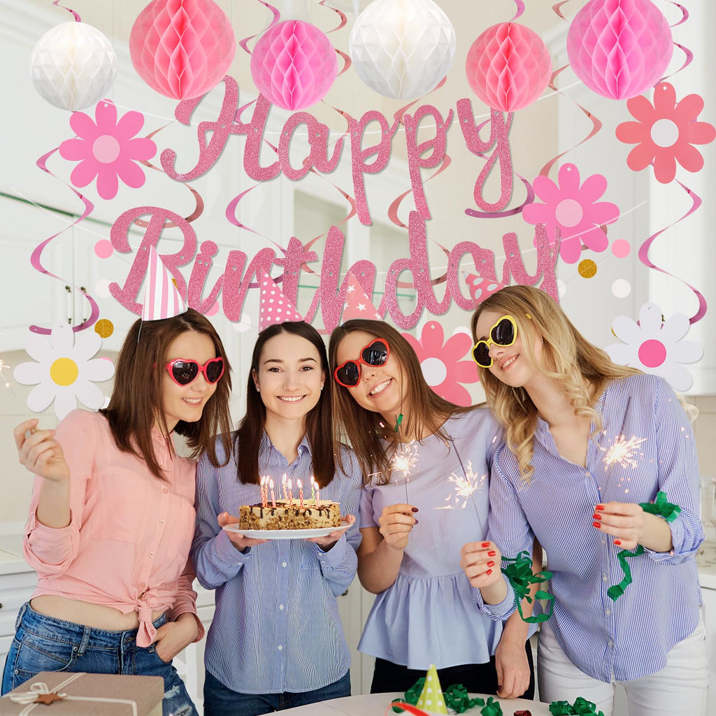 YEOCU NO DIY Birthday Decorations – Pre-Strung Banner, Honeycomb Balls, Swirls & Garland (Pink)