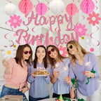 YEOCU NO DIY Birthday Decorations – Pre-Strung Banner, Honeycomb Balls, Swirls & Garland (Pink)