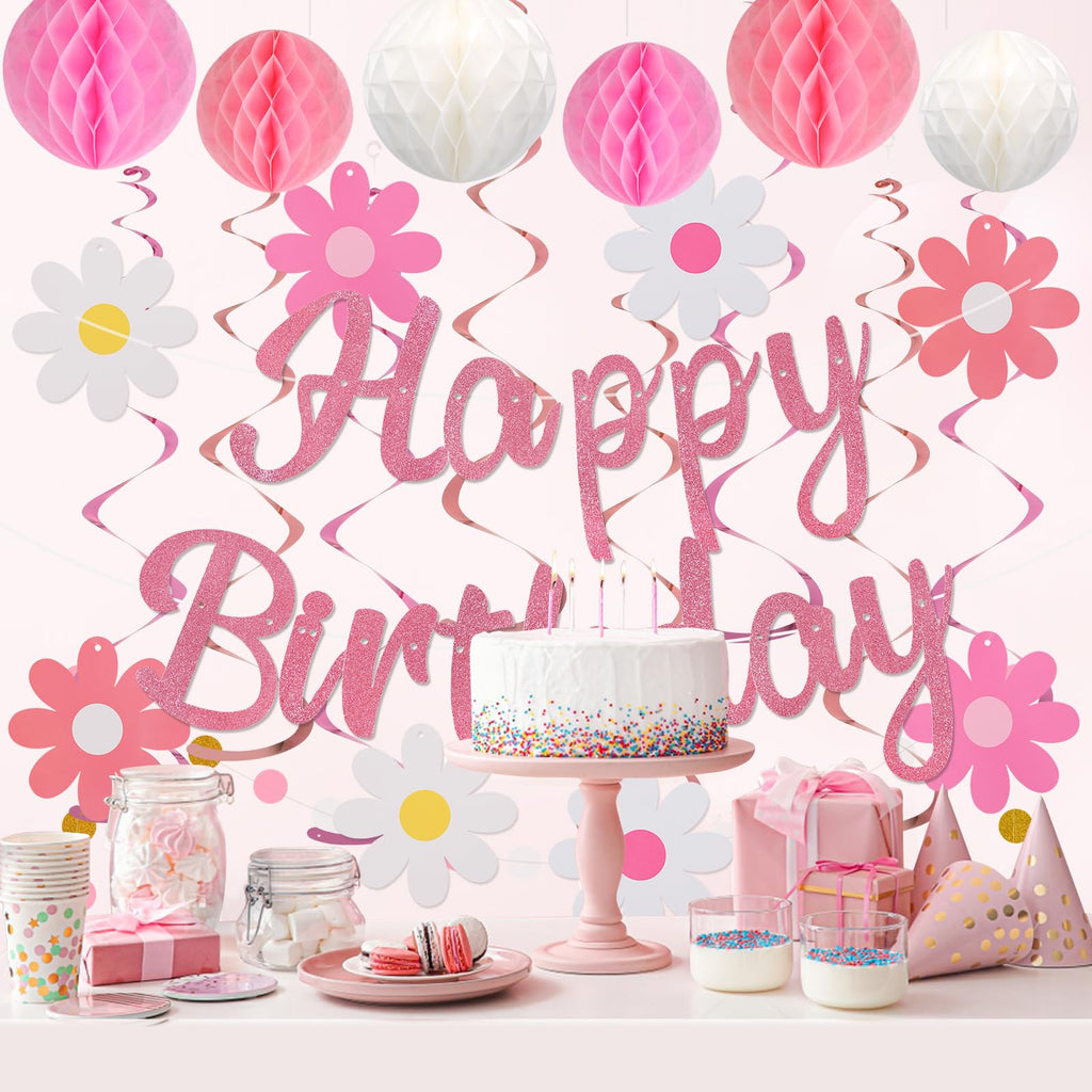YEOCU NO DIY Birthday Decorations – Pre-Strung Banner, Honeycomb Balls, Swirls & Garland (Pink)