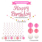 YEOCU NO DIY Birthday Decorations – Pre-Strung Banner, Honeycomb Balls, Swirls & Garland (Pink)