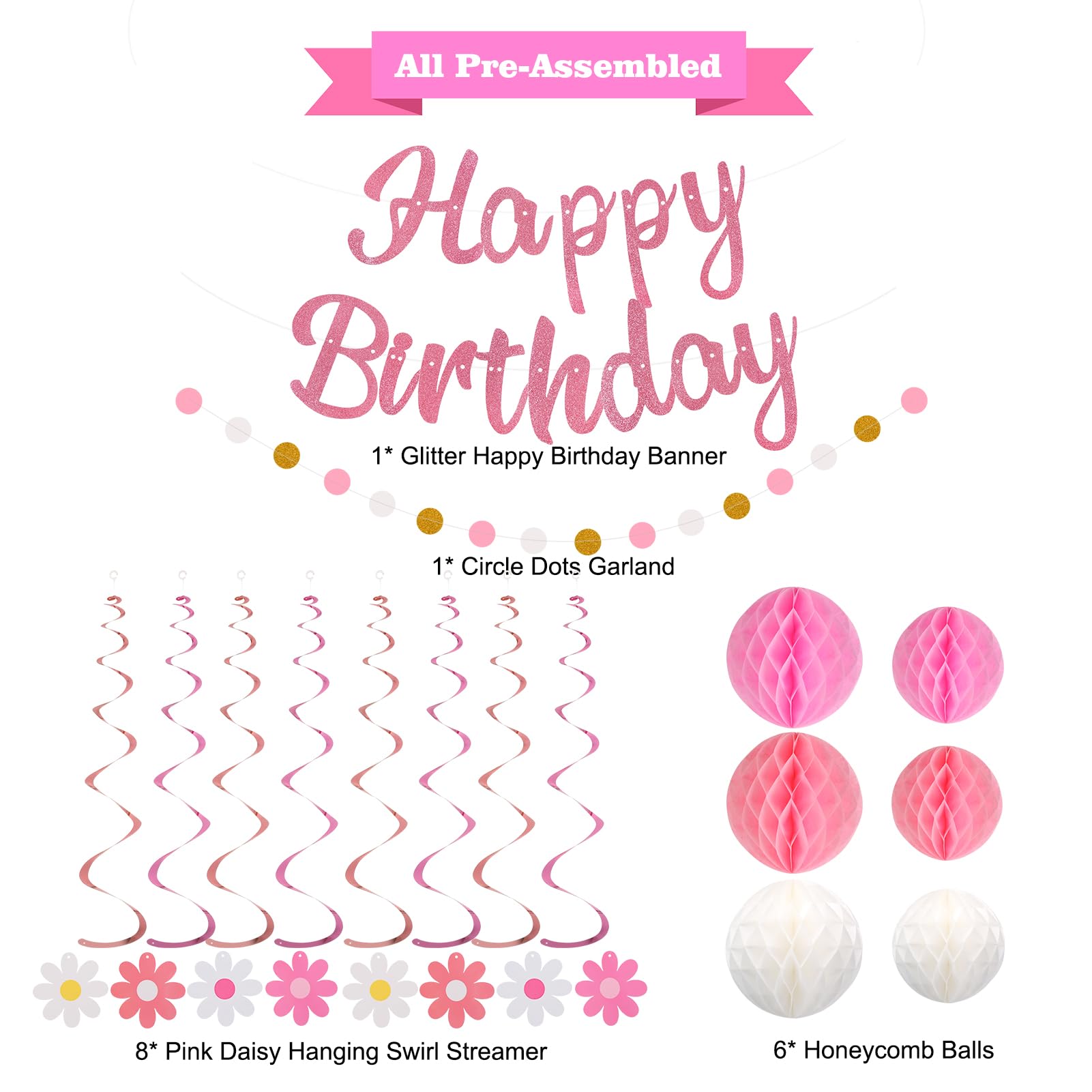 YEOCU NO DIY Birthday Decorations – Pre-Strung Banner, Honeycomb Balls, Swirls & Garland (Pink)