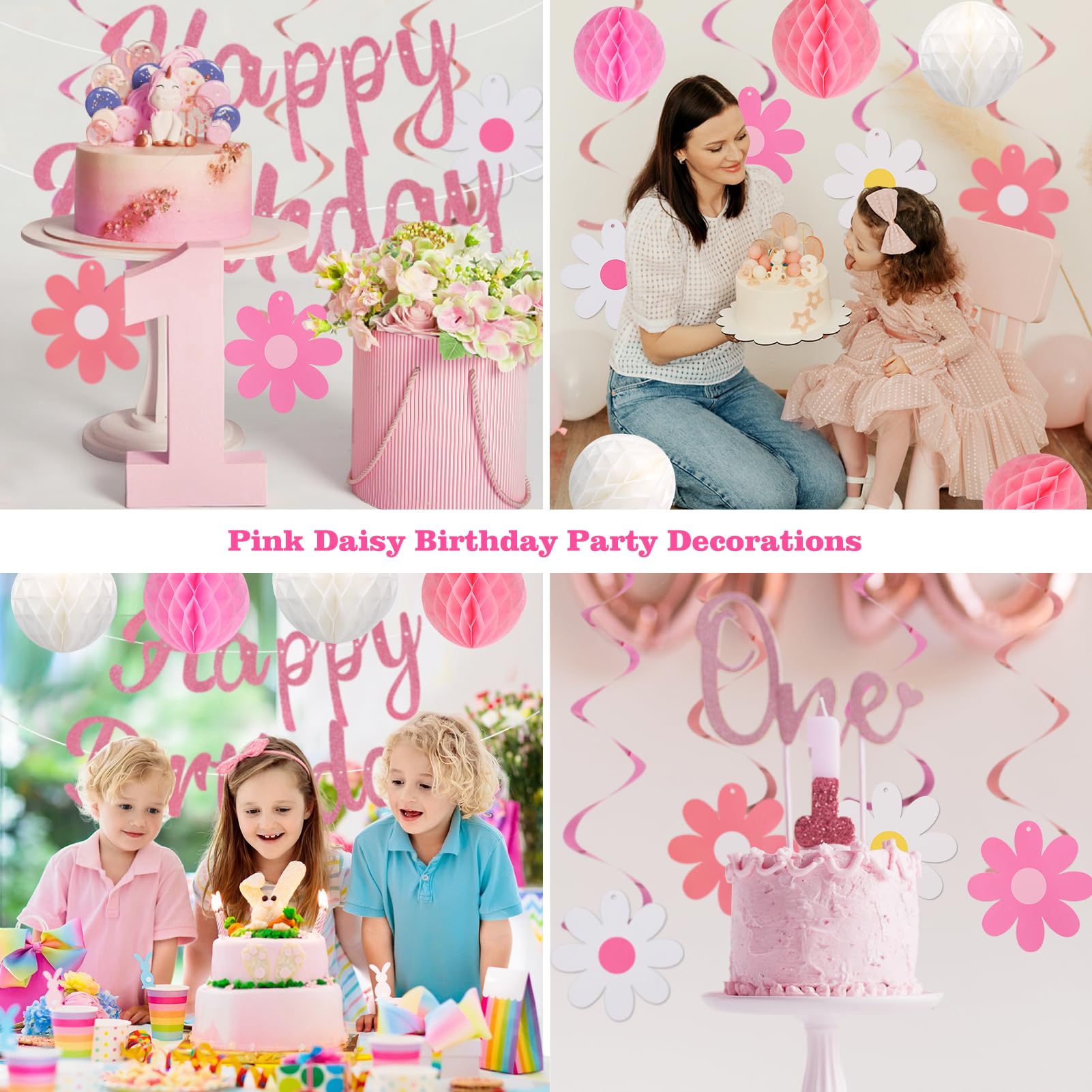 YEOCU NO DIY Birthday Decorations – Pre-Strung Banner, Honeycomb Balls, Swirls & Garland (Pink)