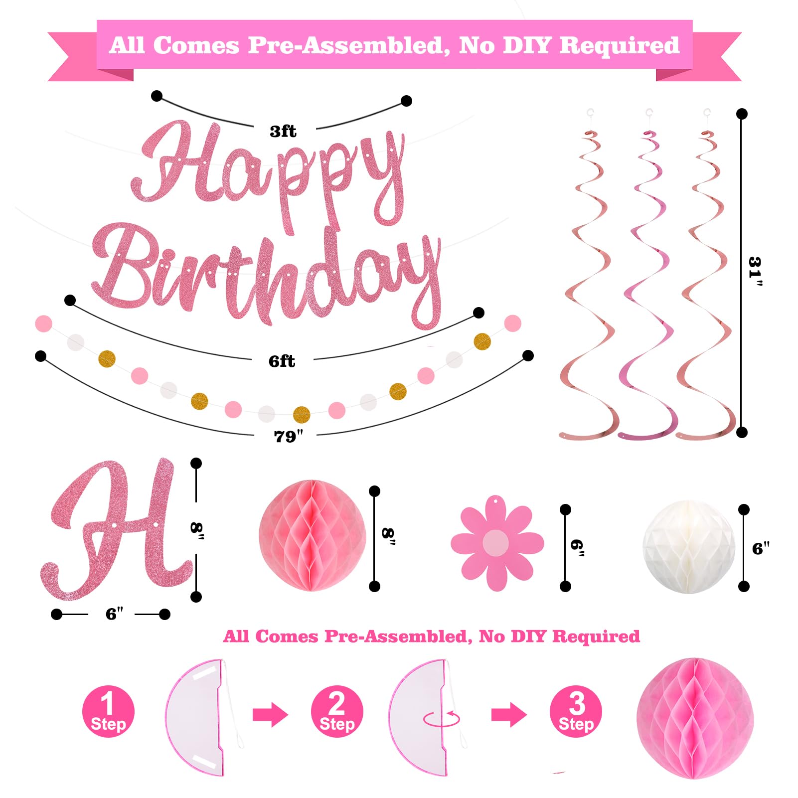 YEOCU NO DIY Birthday Decorations – Pre-Strung Banner, Honeycomb Balls, Swirls & Garland (Pink)
