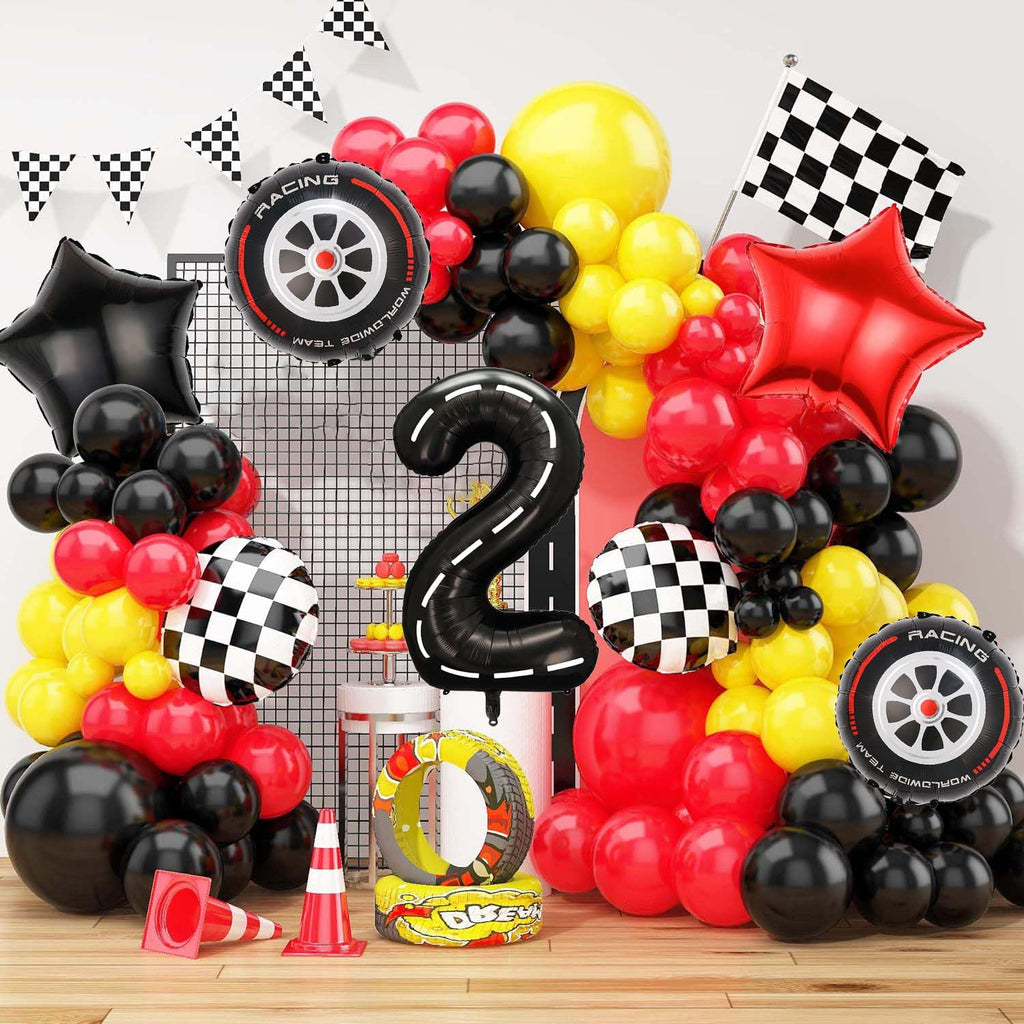 Yexnum Race Car Balloons – 40in Racetrack Number 2 Balloon Set (7 Pcs) – Black Party Decor