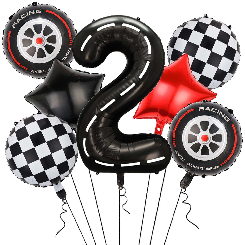 Yexnum Race Car Balloons – 40in Racetrack Number 2 Balloon Set (7 Pcs) – Black Party Decor