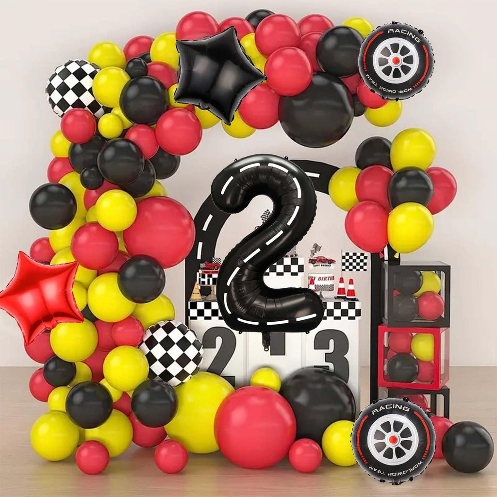 Yexnum Race Car Balloons – 40in Racetrack Number 2 Balloon Set (7 Pcs) – Black Party Decor
