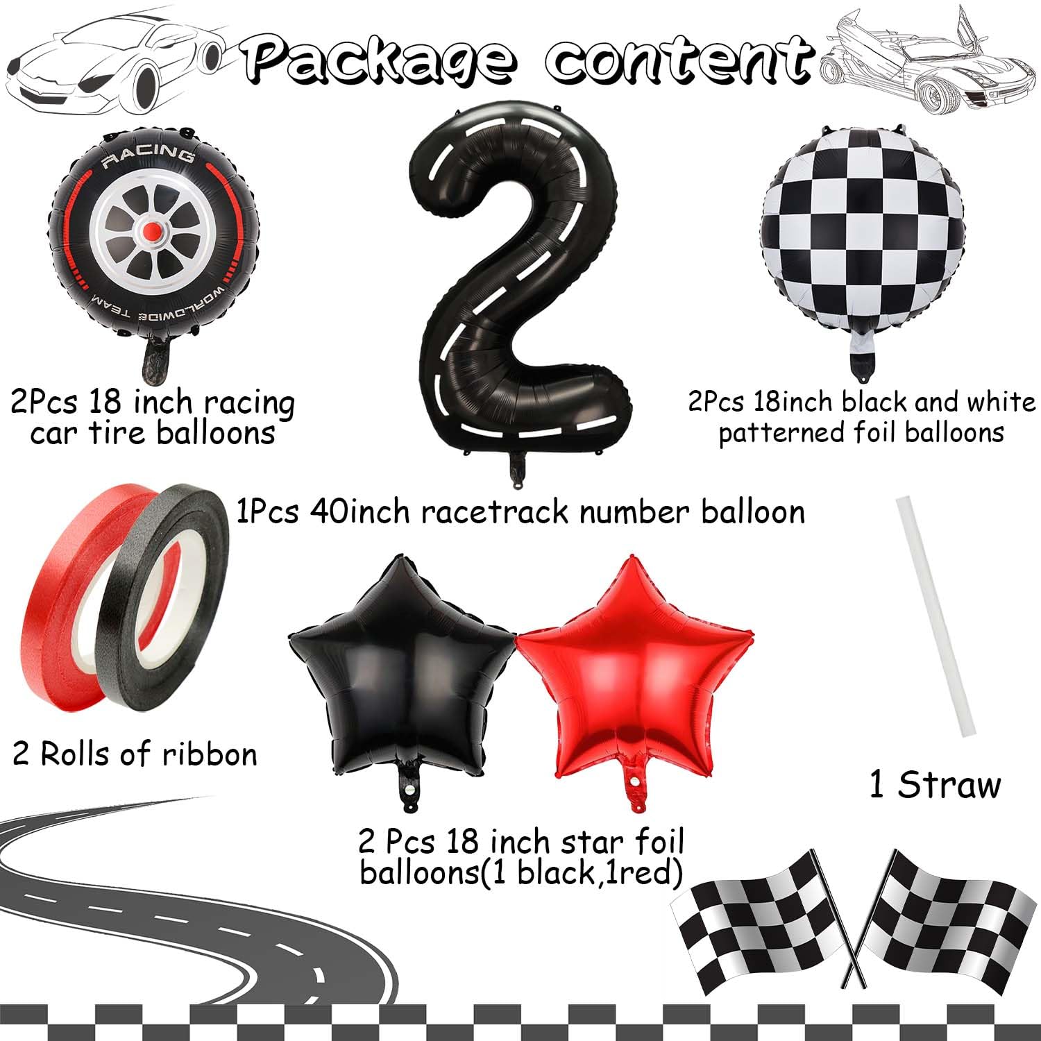 Yexnum Race Car Balloons – 40in Racetrack Number 2 Balloon Set (7 Pcs) – Black Party Decor
